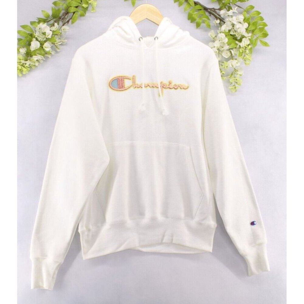Champion Boyfriend Classic Embroidered Graphic Fleece Hoodie Off-White Sz S NEW